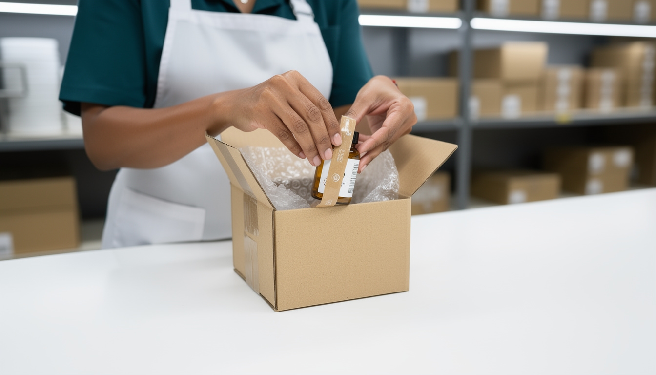 Caja de envío con producto Flexacil Ultra correctamente embalado para despacho a domicilio