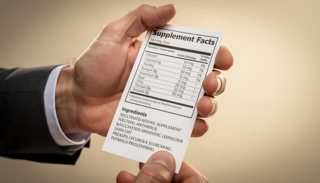 Etiqueta de producto de suplemento alimenticio con información nutricional clara y detallada
